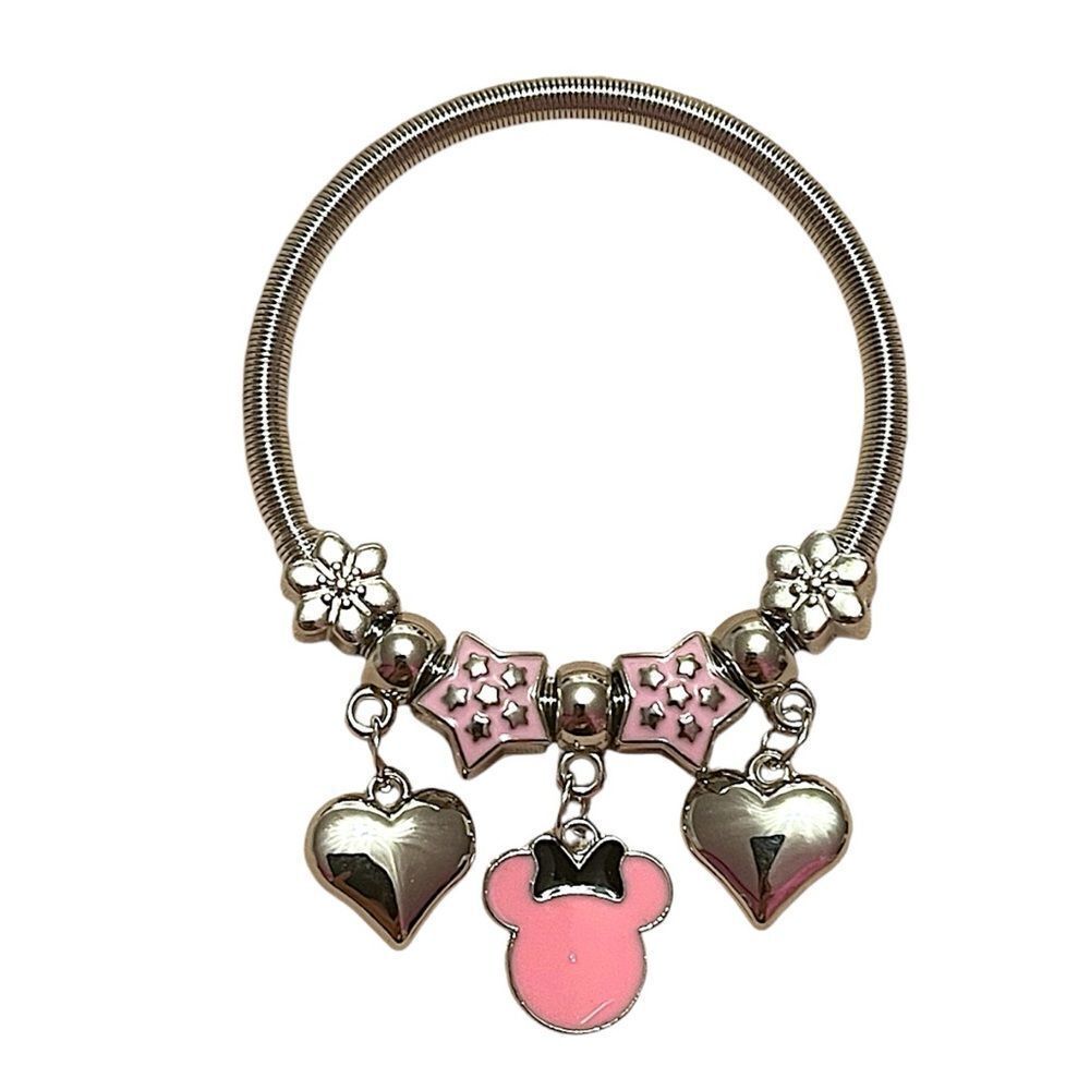 Pink Minnie Mouse Heart Stretchy Silver ToneāCharm Bracelet NWT